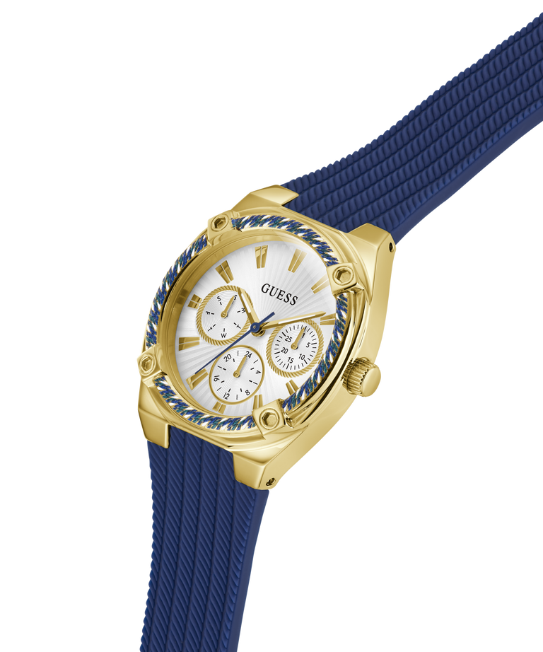 Gold GUESS Ladies Blue Gold Tone Analog Watch with a blue strap on a white background lifestyle