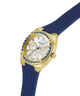 Gold GUESS Ladies Blue Gold Tone Analog Watch with a blue strap on a white background lifestyle