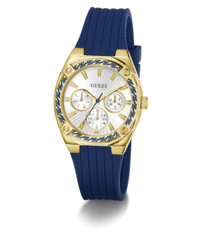 Gold GUESS Ladies Blue Gold Tone Analog Watch with blue strap on a white background