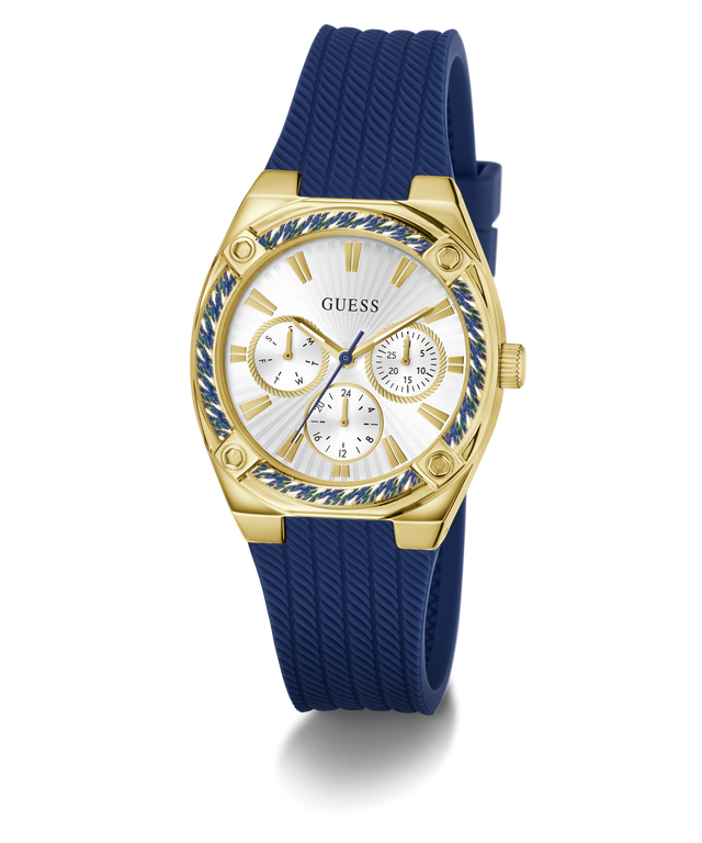 Gold GUESS Ladies Blue Gold Tone Analog Watch with blue strap on a white background