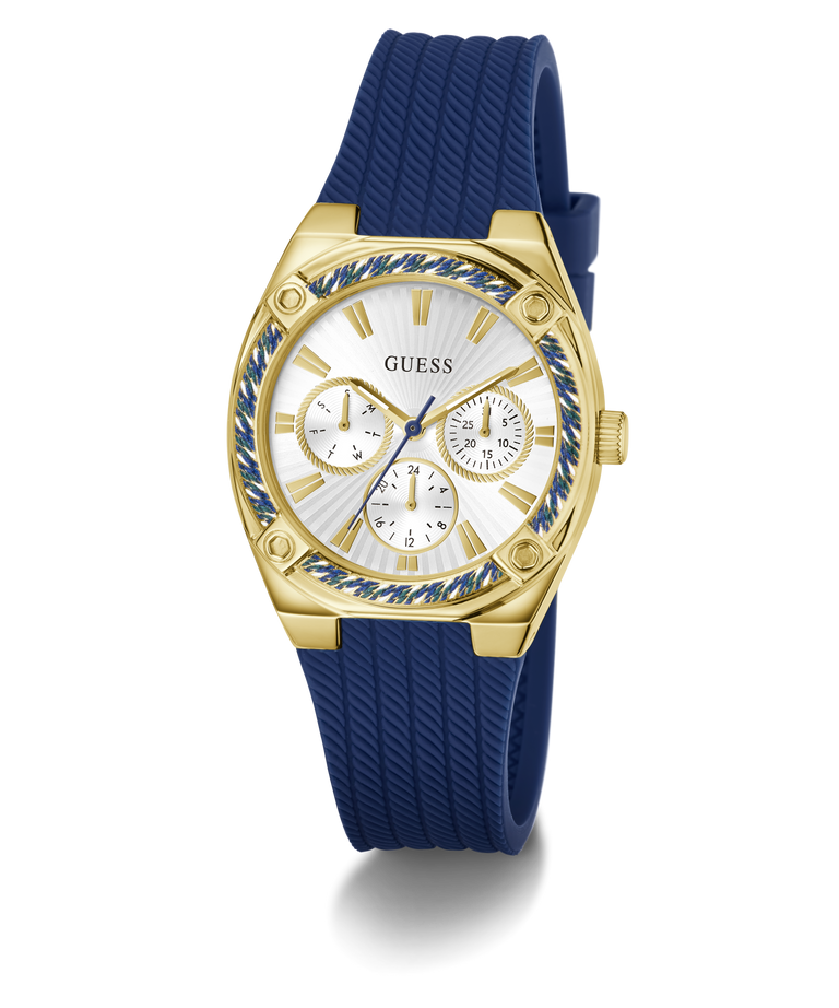 Gold GUESS Ladies Blue Gold Tone Analog Watch with blue strap on a white background