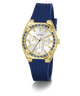 Gold GUESS Ladies Blue Gold Tone Analog Watch with blue strap on a white background