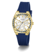Gold GUESS Ladies Blue Gold Tone Analog Watch with blue strap on a white background