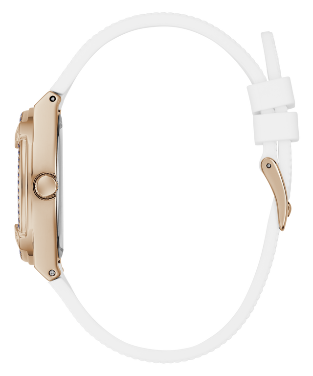 Close-up of a GUESS Ladies White Rose Gold Tone Analog Watch with a white strap and rose gold case on a white background