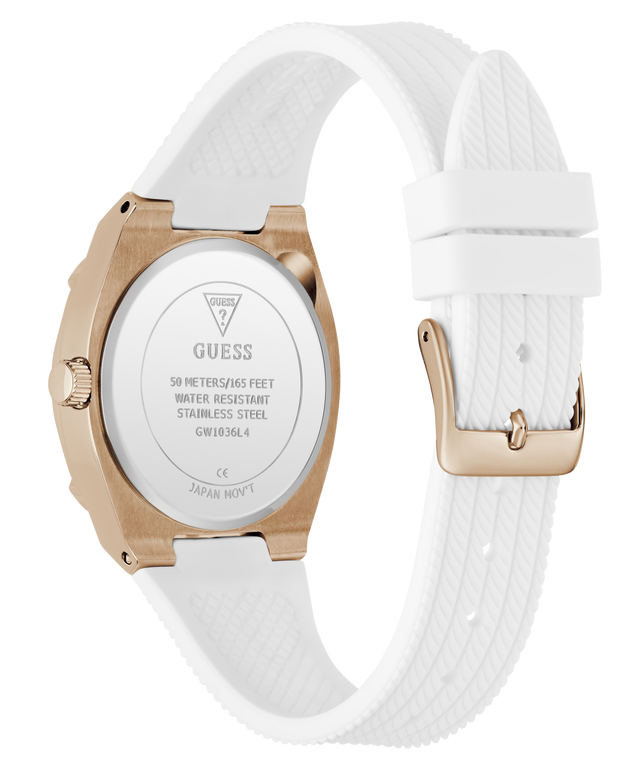White GUESS Ladies White Rose Gold Tone Analog Watch with rose gold case and strap on a white background