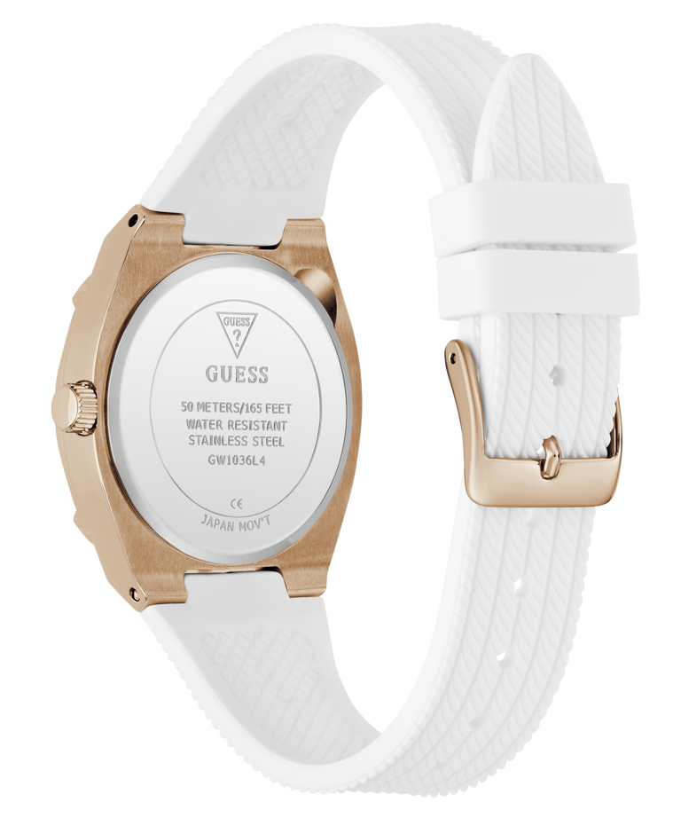 White GUESS Ladies White Rose Gold Tone Analog Watch with rose gold case and strap on a white background