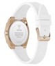 White GUESS Ladies White Rose Gold Tone Analog Watch with rose gold case and strap on a white background