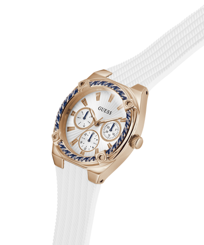 Gold GUESS Ladies White Rose Gold Tone Analog Watch with a white strap on a transparent background lifestyle