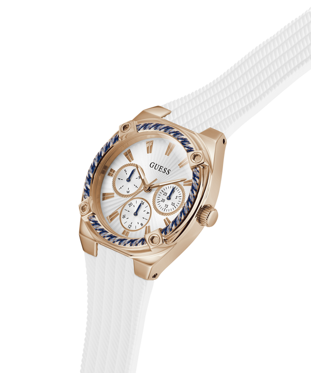 Gold GUESS Ladies White Rose Gold Tone Analog Watch with a white strap on a transparent background lifestyle