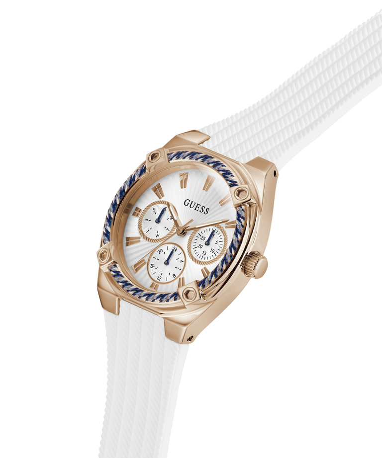 Gold GUESS Ladies White Rose Gold Tone Analog Watch with a white strap on a transparent background lifestyle