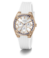 Guess watch with white strap and rose gold case on a white background