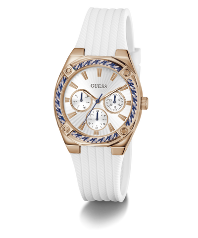 Guess watch with white strap and rose gold case on a white background