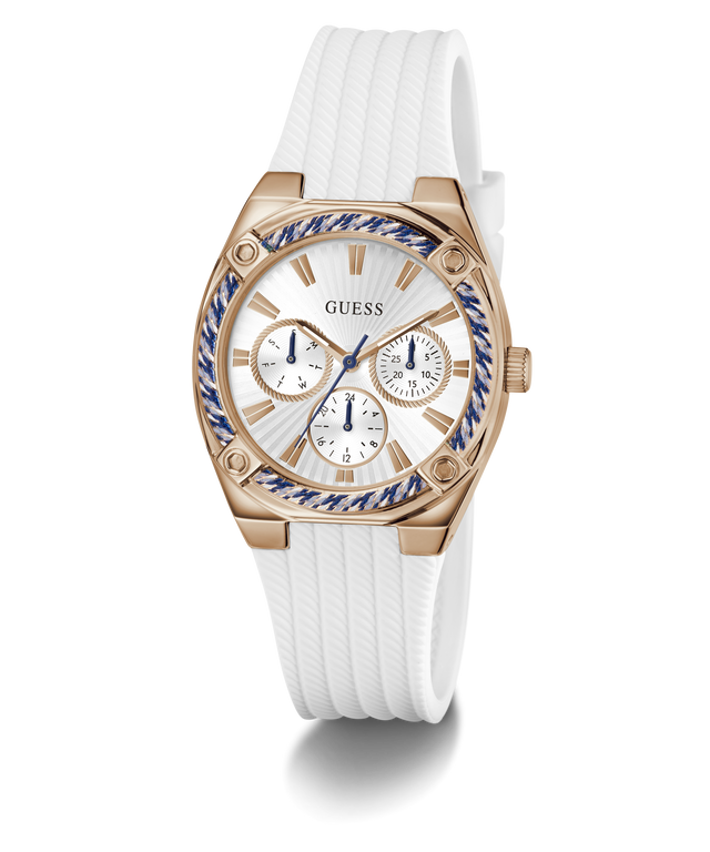 Guess watch with white strap and rose gold case on a white background