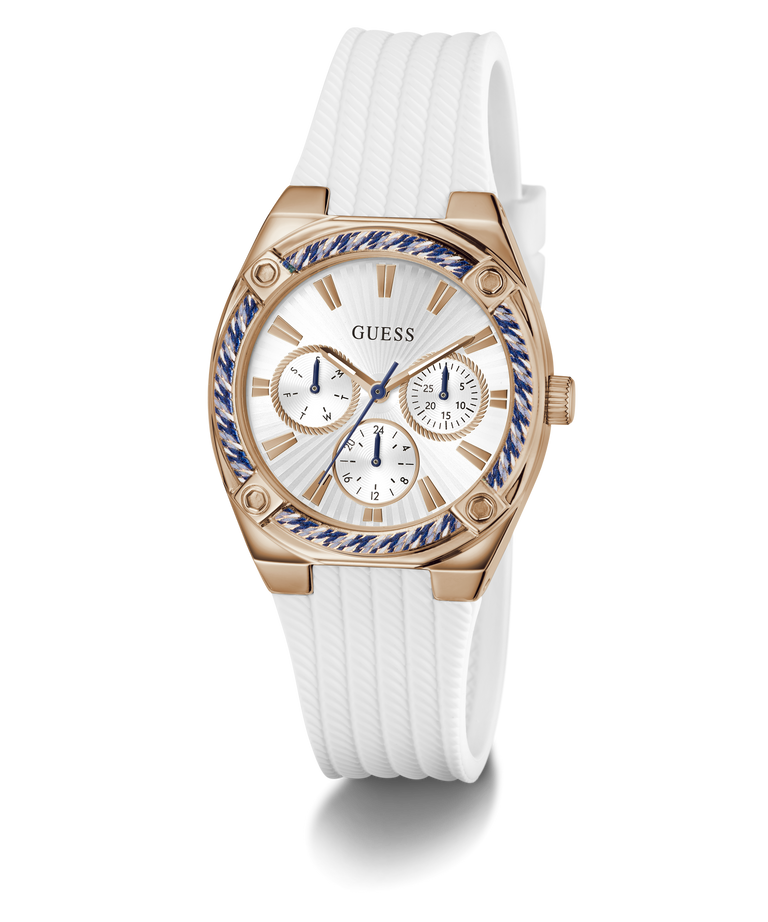 Guess watch with white strap and rose gold case on a white background