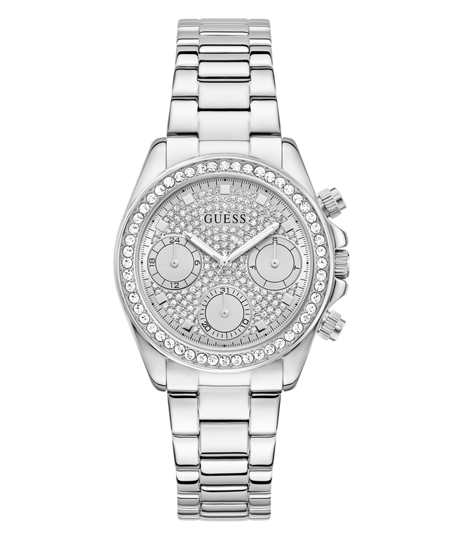 GUESS Ladies Victoria Silver Tone Analog Watch with crystal embellishments on a white background