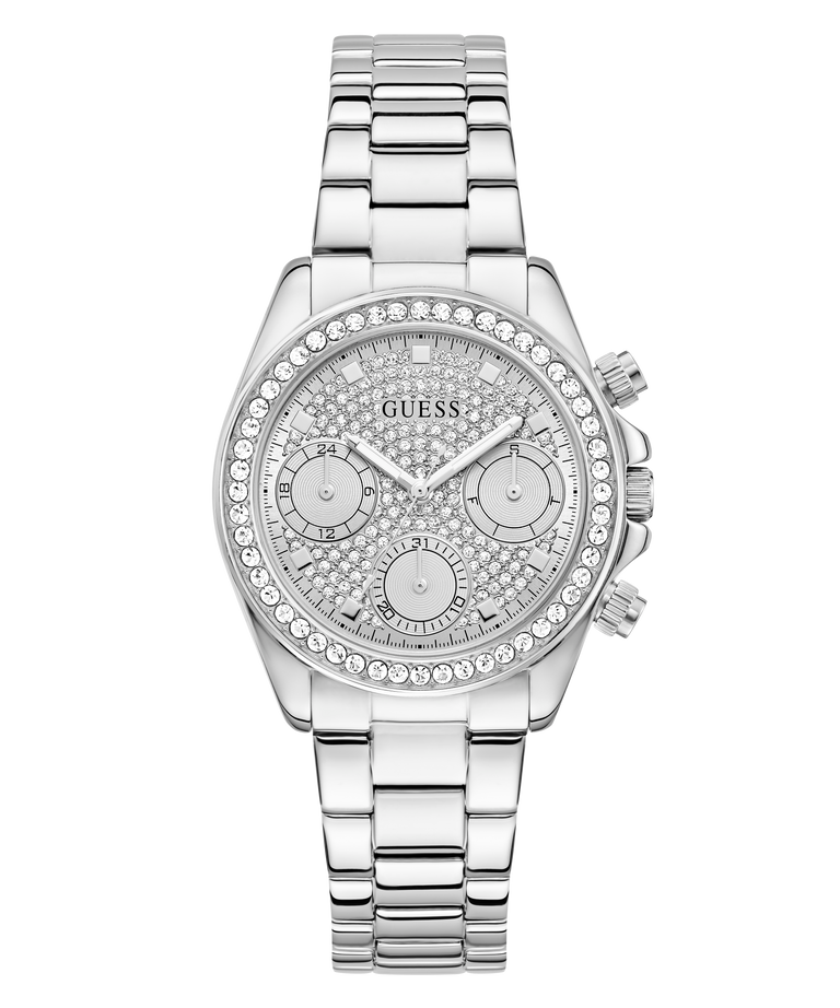 GUESS Ladies Victoria Silver Tone Analog Watch with crystal embellishments on a white background