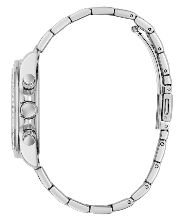Close-up of a silver watch with detailed case and bracelet on a white background