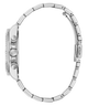 Close-up of a silver watch with detailed case and bracelet on a white background