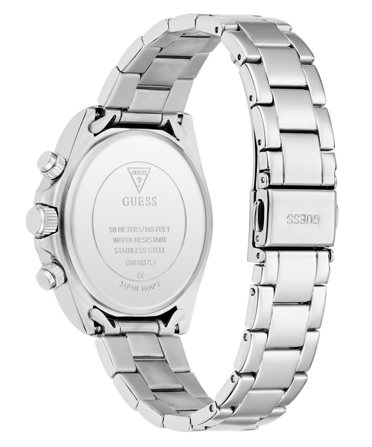 Silver watch with metal band on a white background