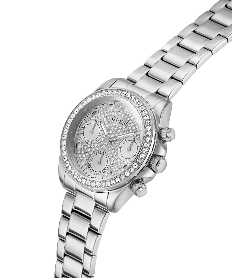 GUESS Ladies Victoria Silver Tone Analog Watch with detailed face on a white background lifestyle