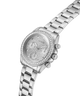 GUESS Ladies Victoria Silver Tone Analog Watch with detailed face on a white background lifestyle