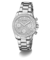 GUESS Ladies Victoria Silver Tone Analog Watch watch with detailed face on a white background
