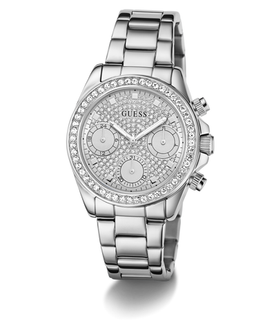 GUESS Ladies Victoria Silver Tone Analog Watch watch with detailed face on a white background