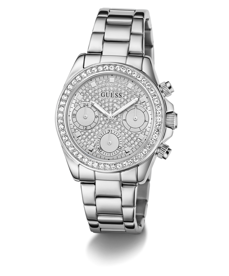 GUESS Ladies Victoria Silver Tone Analog Watch watch with detailed face on a white background