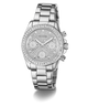 GUESS Ladies Victoria Silver Tone Analog Watch watch with detailed face on a white background