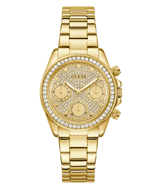 GUESS Ladies Victoria Gold Tone Multi-Function Watch with gemstone accents on a white background