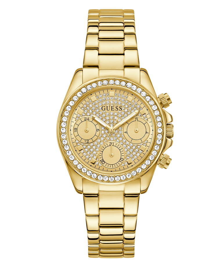 GUESS Ladies Victoria Gold Tone Multi-Function Watch with gemstone accents on a white background