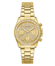 GUESS Ladies Victoria Gold Tone Multi-Function Watch with gemstone accents on a white background