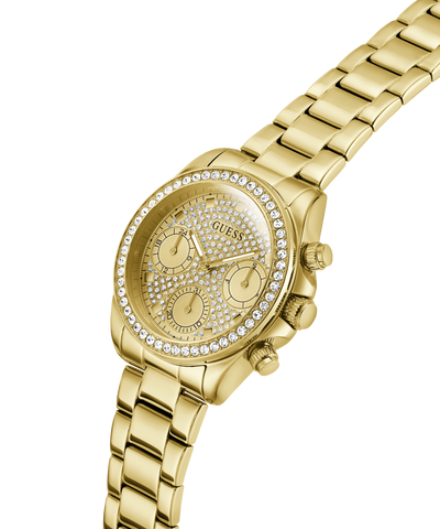 Gold watch with diamond-studded face on a white background lifestyle