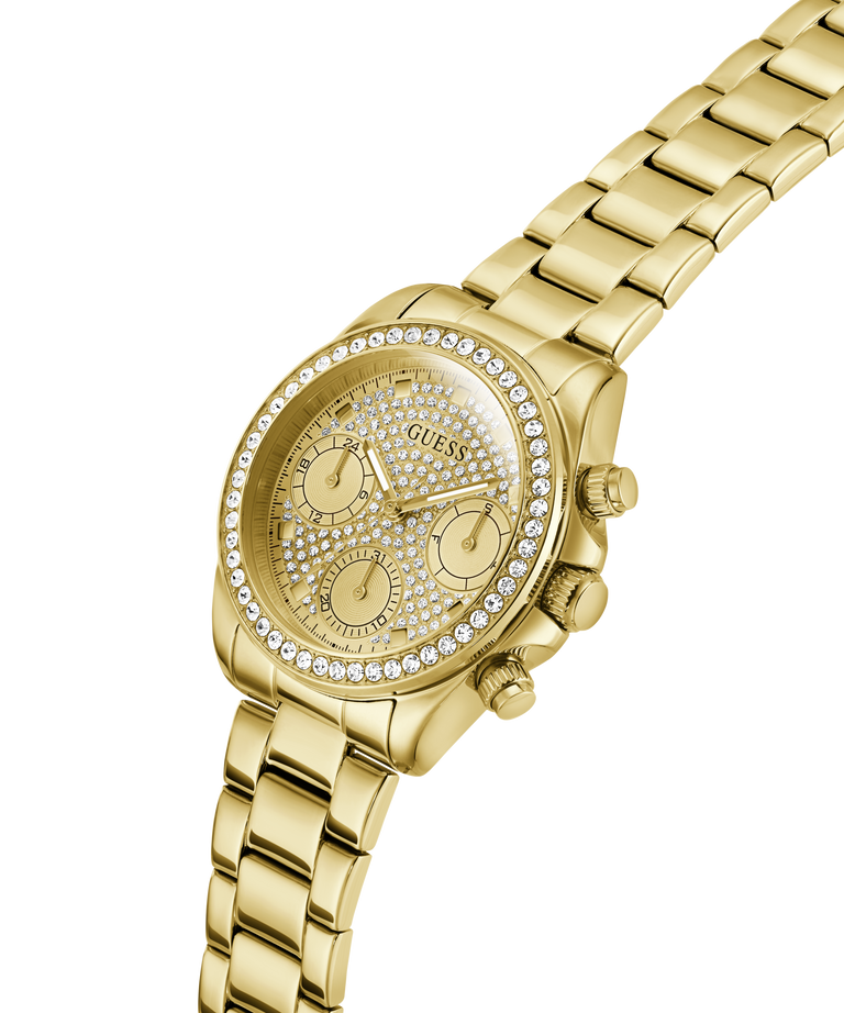 Gold watch with diamond-studded face on a white background lifestyle
