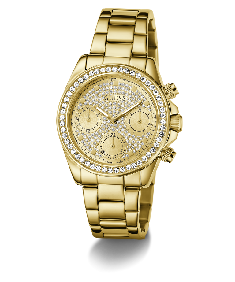 GUESS Ladies Victoria Gold Tone Multi-Function Watch with diamond-studded face on a white background