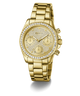GUESS Ladies Victoria Gold Tone Multi-Function Watch with diamond-studded face on a white background
