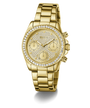 GUESS Ladies Victoria Gold Tone Multi-Function Watch with diamond-studded face on a white background