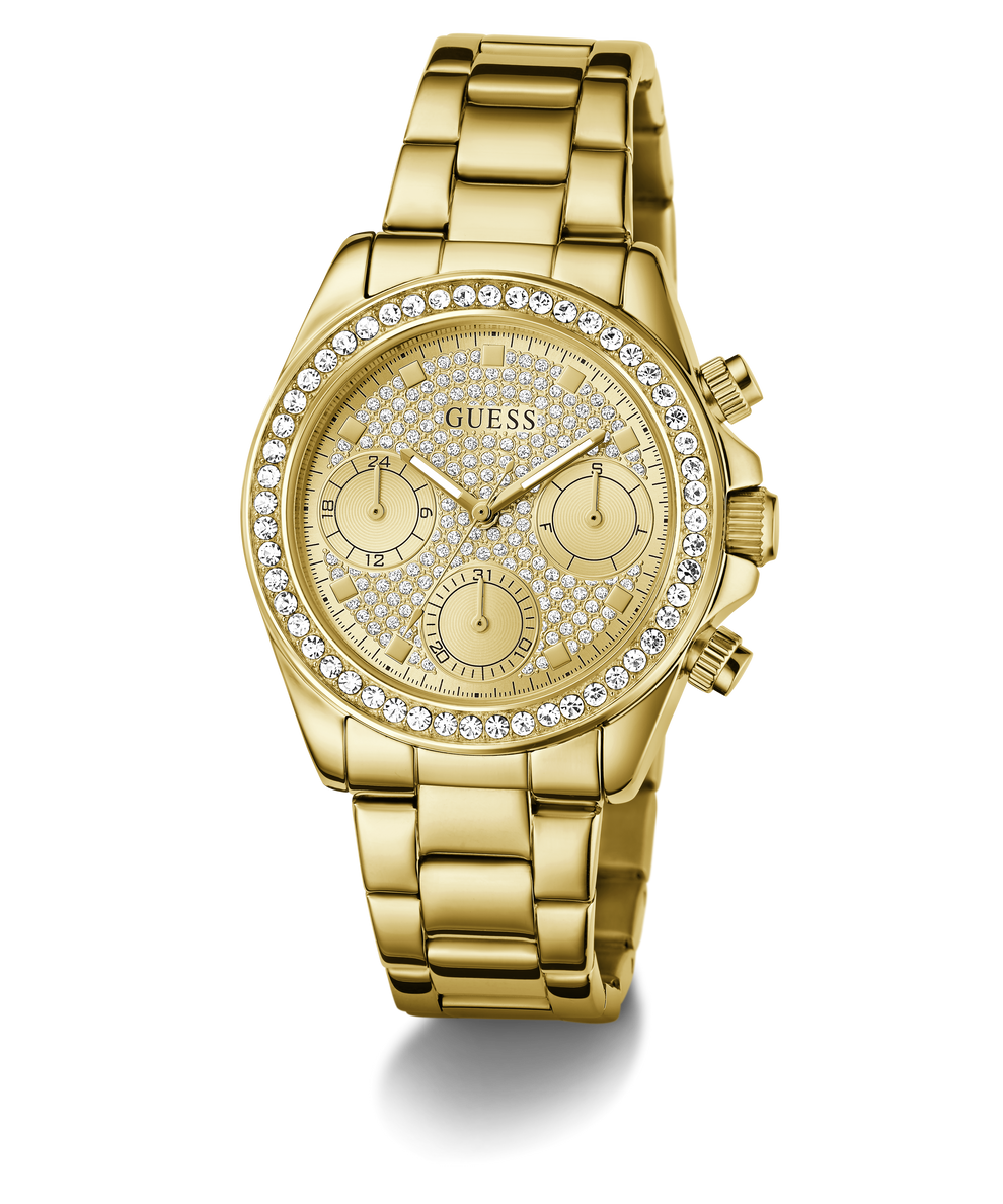 GUESS Ladies Victoria Gold Tone Multi-Function Watch with diamond-studded face on a white background