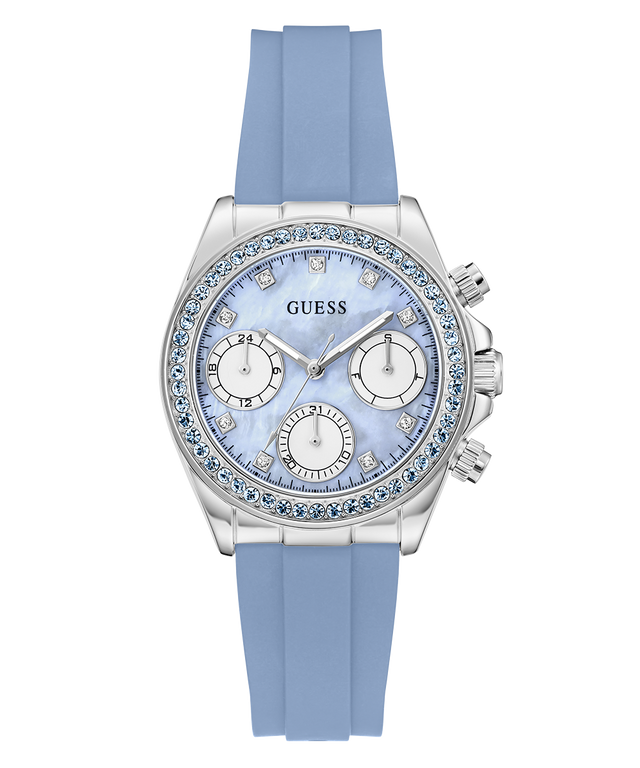 Guess GUESS Ladies Ice Blue Silver Tone Analog Watch with Swarovski ReCreated™ crystals with blue strap and light blue face on a white background
