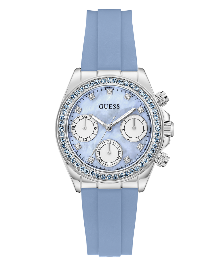 Guess GUESS Ladies Ice Blue Silver Tone Analog Watch with Swarovski ReCreated™ crystals with blue strap and light blue face on a white background