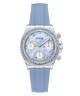 Guess GUESS Ladies Ice Blue Silver Tone Analog Watch with Swarovski ReCreated™ crystals with blue strap and light blue face on a white background