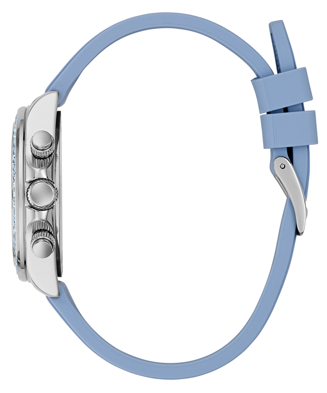 Close-up of a GUESS Ladies Ice Blue Silver Tone Analog Watch with Swarovski ReCreated™ crystals with a light blue strap on a white background