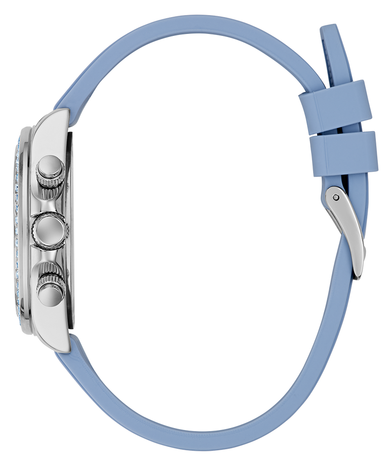 Close-up of a GUESS Ladies Ice Blue Silver Tone Analog Watch with Swarovski ReCreated™ crystals with a light blue strap on a white background