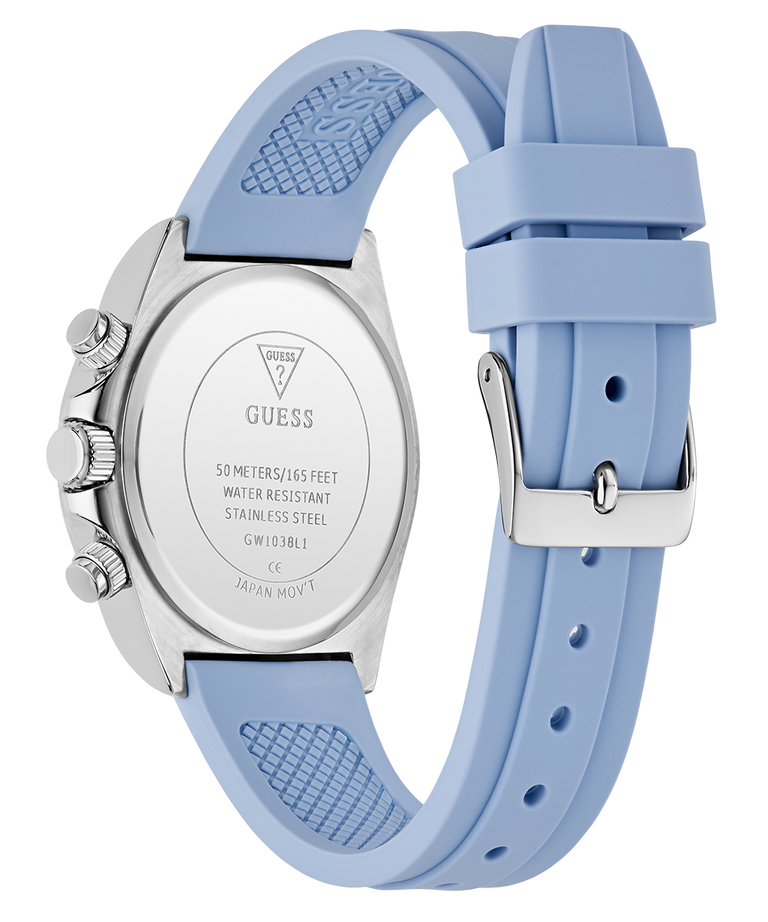 GUESS Ladies Ice Blue Silver Tone Analog Watch with Swarovski ReCreated™ crystals with a light blue strap and silver case on a white background