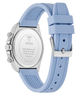 GUESS Ladies Ice Blue Silver Tone Analog Watch with Swarovski ReCreated™ crystals with a light blue strap and silver case on a white background
