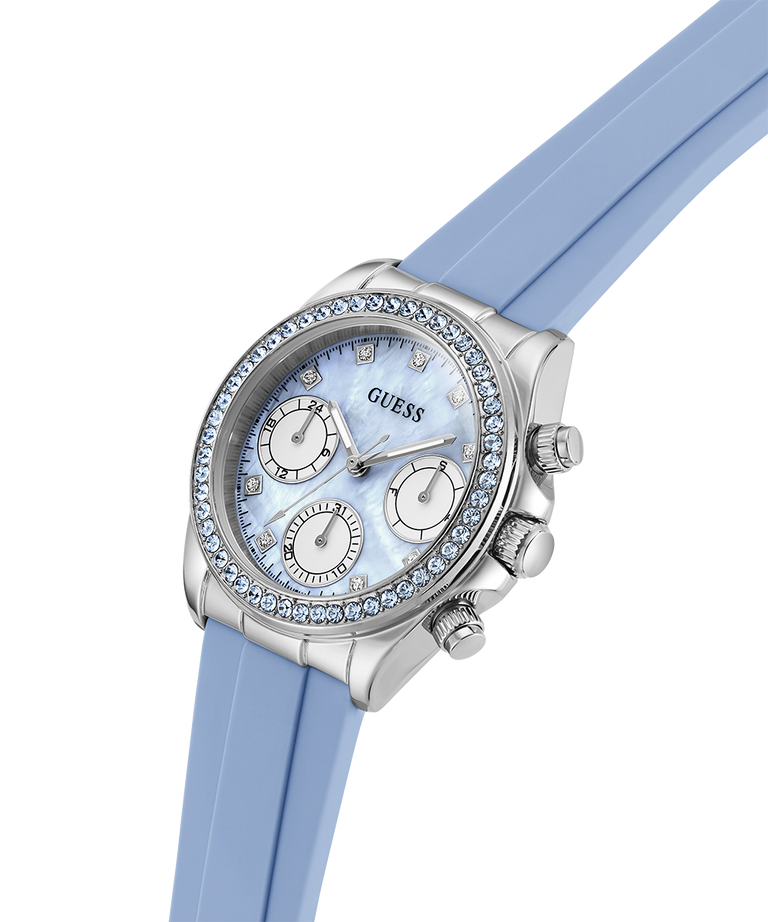 Guess watch with blue strap and silver case on a white background lifestyle