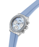 Guess watch with blue strap and silver case on a white background lifestyle