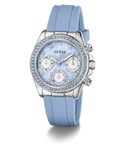 Guess GUESS Ladies Ice Blue Silver Tone Analog Watch with Swarovski ReCreated™ crystals with light blue strap and decorative face on a white background
