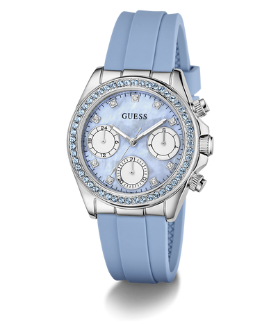 Guess GUESS Ladies Ice Blue Silver Tone Analog Watch with Swarovski ReCreated™ crystals with light blue strap and decorative face on a white background
