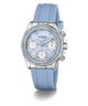 Guess GUESS Ladies Ice Blue Silver Tone Analog Watch with Swarovski ReCreated™ crystals with light blue strap and decorative face on a white background